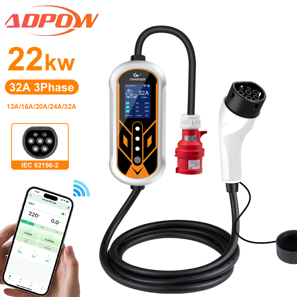 Ev Charger Type 2 22Kw 32A 3 Phase - Adhow portátil 32a type2 ev carregadores